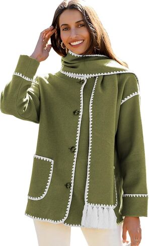 سترة وشاح مطرزة للنساء من Angashion - معطف شتوي كاجوال بأكمام طويلة وأزرار سفلية كبيرة الحجم مع وشاح شرابة in Kuwait