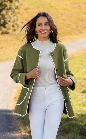 سترة وشاح مطرزة للنساء من Angashion - معطف شتوي كاجوال بأكمام طويلة وأزرار سفلية كبيرة الحجم مع وشاح شرابة in Kuwait