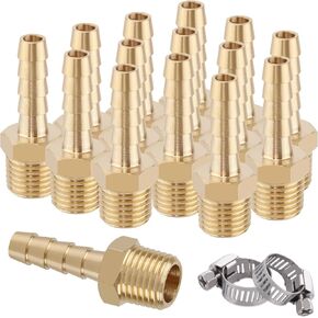 15 Pcs Brass Hose Barb Fittings,1/4" Barb to 1/4" NPT Male Thread Hose Barb Adapter,1/4" Barb to 1/4" NPT Air Hose Repair Kit, Barbed Air Hose Repair Connector Fitting with 15 Pcs Hose Clamp