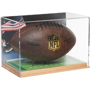 Football Display Case, Acrylic Memorabilia Display Box Cases for Football w/ Frame Background Window and Removable Built-in Football Display Stand, No Assembly Required