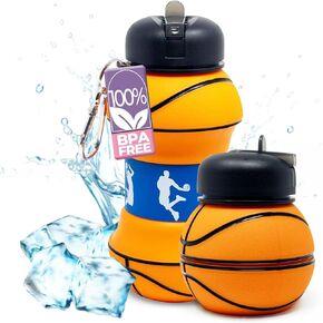 Collapsible Water Bottle for Kids, Foldable BPA Free Leakproof Silicone Bottle with Basketball Design, Portable Sports Kids Collapsible Cup, Perfect for Sports, School & Outdoor Activities