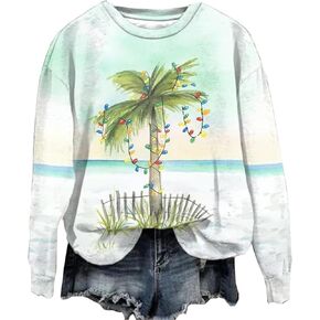 Christmas Plam Tree Sweatshirt Women Christmas Lights Graphic Pullovers Top Hawaii Beach Holiday Shirts