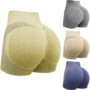 4 Pieces Women Workout Yoga Shorts, High Waist Impact Shorts Scrunch Butt Lifting Gym Shorts Running Biker Volleyball Shorts for Women Seamless Shorts -Khaki/Gray/Blue/Yellow (L/XL)
