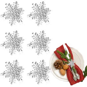 6 Pcs Christmas Snowflake Napkin Rings Silver Metal Snowflake Shaped Design Napkin Holder for Xmas New Year Holiday Wedding Receptions Dining Table Great Decorations