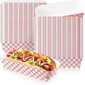 Yeaqee 100 Pcs 7" Paper Hot Dog Trays Red White Pattern Disposable Paper Food Nacho Boats Hot Dog Holders Hot Dog Plates Disposable Serving Trays for Carnivals, Parties, Dinner, Cookouts