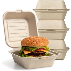 Fit Meal Prep 150 Pack To Go Food Containers 6 x 6 x 3, Clamshell Take Out Containers, Compostable To Go Boxes for Food, Disposable To Go Containers, 100% Biodegradable Sugarcane Microwave Safe, Brown