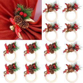 12 Pcs Christmas Napkin Rings Set, Xmas Pine Cones Poinsettia Wooden Napkin Ring Holders,Handmade Rustic Style Napkin Decoration for Christmas Banquet Dinner Wedding Birthday Table Decor