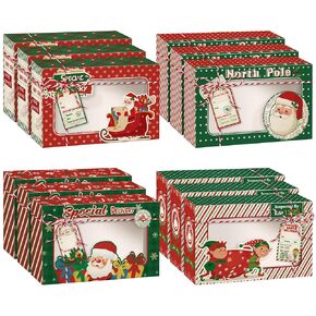24 Pcs Christmas Cookie Boxes with Lids Window Tags 8.55 x 5.5 x 2.8 in Santa North Pole Delivery Xmas Treat Boxes Containers Red and Green Cookie Tin for Holiday Gift Giving Bakery Cupcake