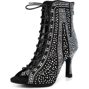 Rhinestone Ballroom Latin Dance Boots for Women Lace Up Open Toe with 3 1/3 Inch Heel