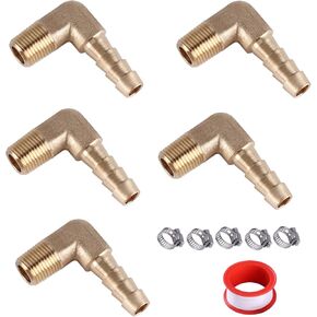 5pcs Brass Hose Barbed Elbow Fitting 90 Degree Elbow 1/4" Hose Barb to 1/8" NPT Male Pipe, with 5pcs Hose Clamps and 1pc Tape for Water/Fuel/Air