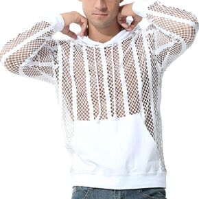 YUFEIDA Men's Fashion Hoodies Tank Tops Fishnet See Through Pullover Shirts Long Sleeve Muscle Pullover Active Hoodies