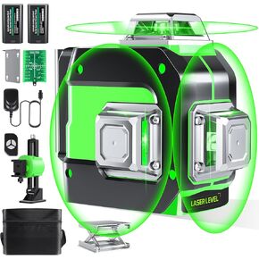 Laser Level, 3x360° Self Leveling Green Cross Line Laser for Construction and Picture Hanging with Rechargeable battery, Remote Controller, Magnetic Rotating Stand