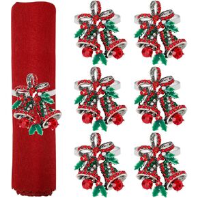 Set of 6 Christmas Bell with Holly Berry Leaves Napkin Rings, Glitter Metal Xmas Napkin Ring Holders for Cloth Napkins, Christmas Holiday Party Dinner Table Decoration(Round)