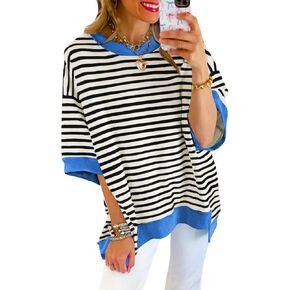 Poetsky Womens Oversized Tops Casual Short Sleeve Striped Shirts Summer Crewneck Pullover Sweatshirt Loose Blouses