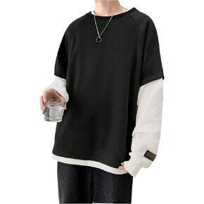 Men's Crewneck Sweatshirts Letter Patched Long Sleeve 2 in 1 Street Pullover Sweatshirt