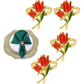 Tulip Napkin Rings Set of 4,Red Flower Napkin Holders Gold Metal Napkin Ring Perfect for Weddings, Dinner Parties, and Holiday Decorations