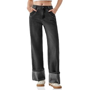 PLNOTME Womens Baggy Jeans Boyfriend Wide Leg Trendy Casual Low Rise Cuffed Hem Denim Pants with Pockets