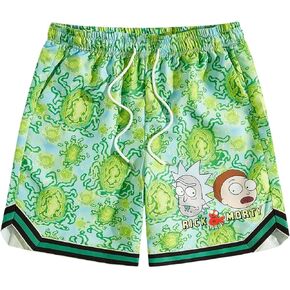 Men's Cartoon Anime Graphic Shorts Striped Trim Drawstring Waist Running Workout Shorts