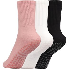 Pilates Socks with Grips for Women,3 Pairs Cotton Non Slip Yoga Crew Socks for Barre, Ballet, Dance, Workouts