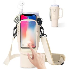 Water Bottle Carrier Bag with Clear Touchscreen Phone Pocket for Stanley 40/30 oz Tumbler, Water Bottle Holder with Adjustable Strap& Straw Cover, Stanley Cup Accessories(Cream)