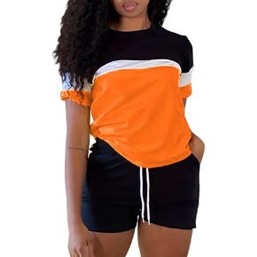 LovelyWholesale Neon Two Piece Outfit for Casual 2 Piece Tracksuit with Neon Shirt and Black Shorts Set