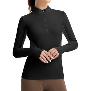 FitsT4 قمصان رياضية نسائية للفروسية بأكمام طويلة قمصان ركوب الخيل سريعة الجفاف UPF50 + قمصان ركوب الخيل بنصف سحاب