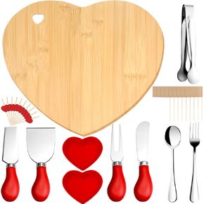 30 Pcs Heart Charcuterie Board and Pink Serving Set, Heart Shaped Bamboo Cutting Board with Bowl, Food Toothpicks, Cheese Clip, Cheese Knives and Spoon Fork for Valentines Day Anniversaries (red)