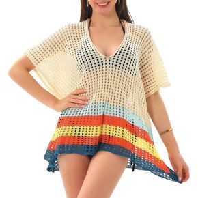 Women Swimsuit Crochet Swim Cover Up Beach Bathing Suit Swimwear Mesh Knit Short Sleeve Beach Dress Vacation