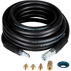 Hybrid Air Hose 1/2"ID x 50FT, 300PSI Durable, Heavy Duty, 3/8" and 1/4" Air Fittings Kits Reassembled, Bend Restrictors, Black(50’)