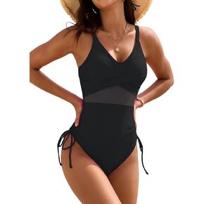 Tainehs Women's One Piece Swimsuit V Neck Cutout Mesh Swimwear Drawsting Ruched Tummy Control High Waisted Bathing Suits
