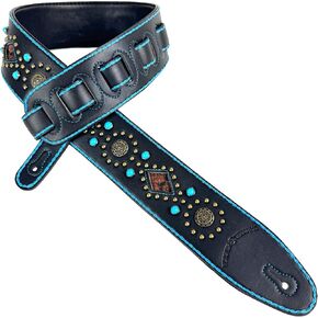 حزام جيتار خاص من Walker And Williams GTR-20-BLU باللون الفيروزي على أسود Sedona مع ظهر مبطن، وإدراج جلد الثعبان، وأزرار نحاسية ومسامير للجيتار الصوتي والكهربائي والباس