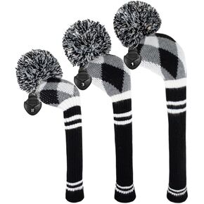 Scott Edward Golf Club Cover with a Pom Pom Set of 3 Fits Well Driver(460cc) Fairway Wood and Hybrid(UT) with Rotating Club Number Tags for Male/Female Golfers (Black White Gray Grids)
