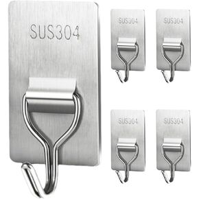 Adhesive Wall Hooks for Hanging Hooks for Walls No Damage, Towel Sticky 304 Silver Hooks, Waterproof, Home, Bathroom, Kitchen, Office, and Outdoor, 5 Pack (5pcs-Adhesive Sticker sty)