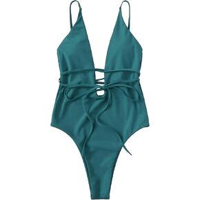 Milumia Women's Lace Up Plunging Neck Bathing Suit Backless High Cut One Piece Swimsuit