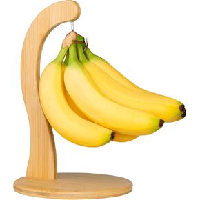 Banana Holder w/ Hanging Hook, Rustic Wooden Grape Stand for Kitchen Countertop, Bamboo Banana Hanger To Keep Bananas & Fruits Fresh