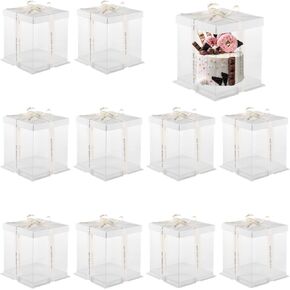 OMISTAR 10 Pcs Clear Cake Boxes with Ribbon, 7 x 7 x 8 Inch Tall Cake Carrier Box with Lids, PET Transparent Gift Boxes Cake Packaging Boxes for Birthday Baking Display