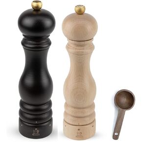 Peugeot Paris u'Select 6 Setting Manual beechwood Salt & Pepper Mill Set With Wooden Spice Scoop Made In France (Chocolate & Natural, 9- Inch)