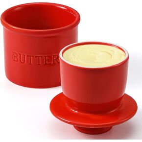 Butter Crock with Lid for Countertop - Ceramic French Butter Dish for Spreadable Soft Butter, Butter Container Holder with a Water Seal, Housewarming Gift, Kitchen and Home Decor, Red