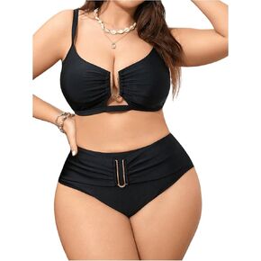 OYOANGLE Women's Plus Size 2 Piece V Wired Ruched Swimsuit High Waisted Bikini Set Bathing Suits