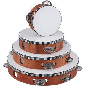 4 PCS 4" 6" 8" 10" Brown Wooden Tambourine, Musical Instrument Tambourine Set, Handheld Drum Bell Metal Jingles Single Row Percussion for Church, KTV, Party, Musical Class