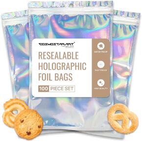 100 Pack Mylar Bags, Holographic Bags, Resealable Bags, Little Bags, Jewelry Packaging for Small Business, Bracelet Bags, Resealable Bags for Small Business (6"x9")