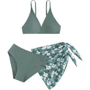 SHENHE Girl's 3 Piece Cute Ditsy Floral Print Triangle Bikini Swimsuit with Beach Cover Up
