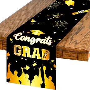 Graduation Table Runner Black Golden Graduation Diploma Cap Table Cover Congrat Grad Class of 2025 Tabletop Centerpieces Decorations for Home Kitchen Party Supplies 13*72 inch