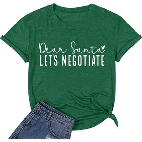 Christmas Shirts for Women Funny Saying Graphic Tees Dear Santa, Let's Negotiate Letter Print Short Sleeve Xmas Holiday Tops