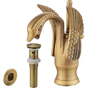 BWE Antique Swan Faucet Bathroom Sink Faucet Single Handle Single Hole Lavatory Basin Vanity Mixer Tap Lead-Free Deck Mount Sink Faucet with Pop Up Drain Assembly