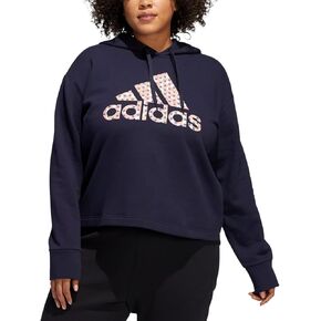 ADIDAS Womens Navy Fleece Ribbed Drawstring Hood Step Hem Logo Graphic Sweatshirt Plus 2X