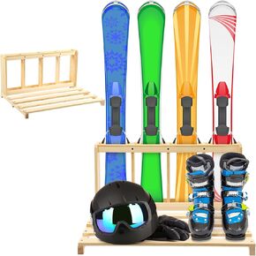 Wooden Ski Storage Rack Freestanding Ski Organizer Ski Rack for Garage Floor Stand Ski Holders Skis Floor Mount for 4 Skis Boot Helmets Poles Organizer Snowboard Display (2 Tiers Style)