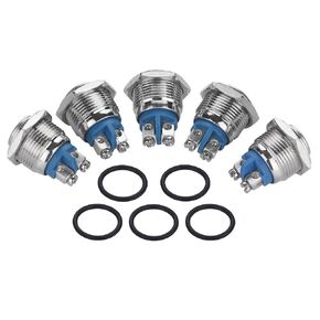 Hilitand 5pcs Push Button Switch, 16mm 250V Stainless Steel Silver Alloy Waterproof 2Pin Mini Button Switch (Convex Head)
