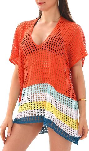 Women Swimsuit Crochet Swim Cover Up Beach Bathing Suit Swimwear Mesh Knit Short Sleeve Beach Dress Vacation in Kuwait