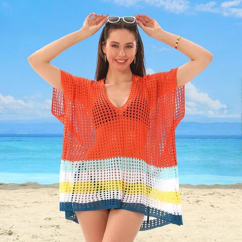 Women Swimsuit Crochet Swim Cover Up Beach Bathing Suit Swimwear Mesh Knit Short Sleeve Beach Dress Vacation in Kuwait